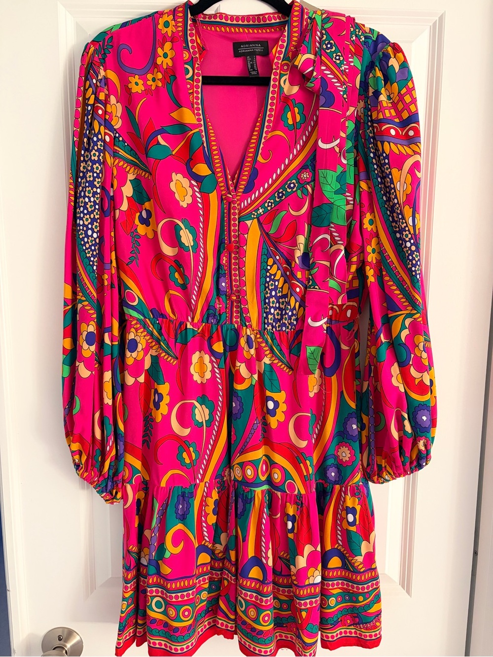 Adrianna Papell Pink Multi Paisley Tie-Waist Long Sleeve Dress - Sz: 8 - Picture 3 of 7